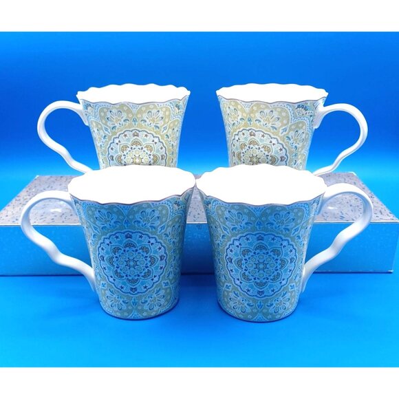 222 Fifth Lyria Teal Paisley Medallion Coffee Mugs Set Of 4 Porcelain Scalloped - Picture 9 of 14